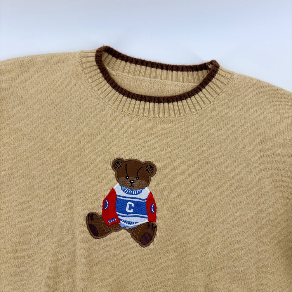CIDER Teddy Bear Embroidered Crewneck‎ Sweater Khaki Tan Size S